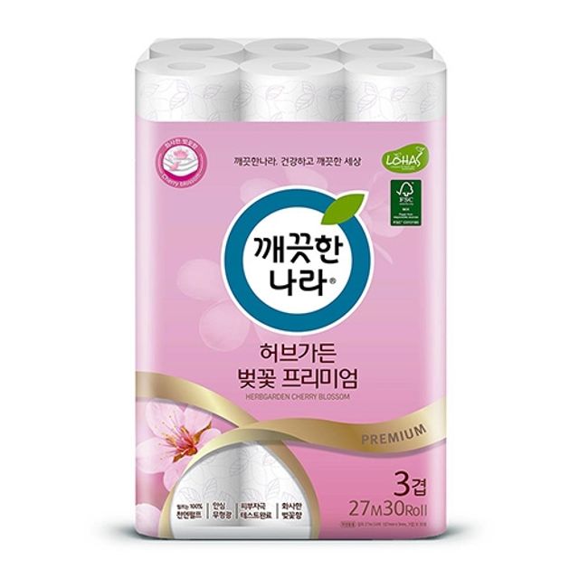 깨끗한나라 3겹 데코벚꽃 화장지 27M 30롤 3개입 고급 디자인