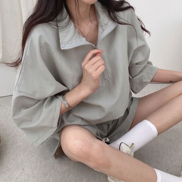 여성 상하의 여름 반팔 반바지 아노락 세트 오버핏 - 시원한 데일리 트레이닝복