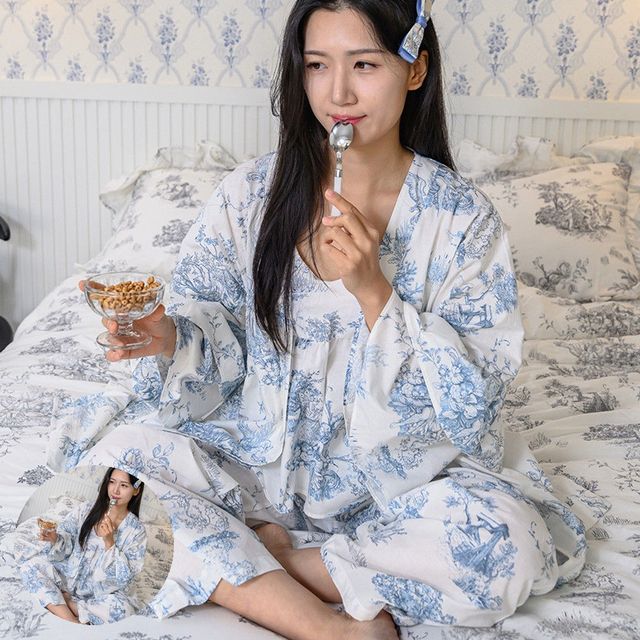 면로브가운 면로브 잠옷 디오레 여성용 긴팔 로브 M 블루