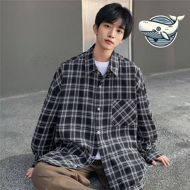 캐주얼 남자 오버핏 체크셔츠 편안한 긴팔 남방