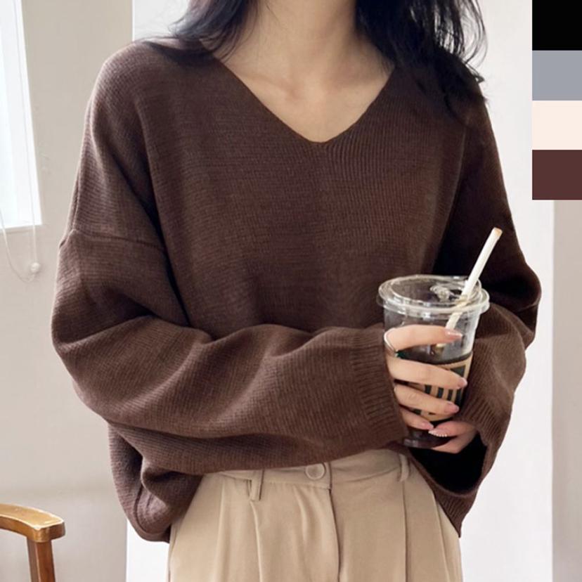 여성 브이넥 루즈핏 니트 티셔츠 스웨터 데일리룩