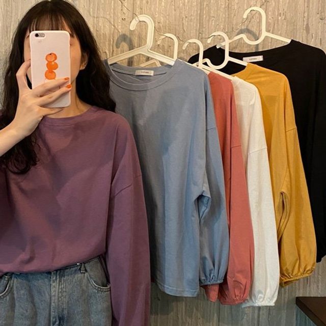 여자 데일리 편한 루즈핏 손목 고무줄 긴팔 티셔츠