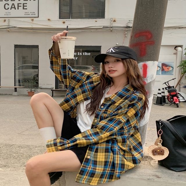 여성 오버핏 데일리 봄 가을 카라 셔츠 체크남방