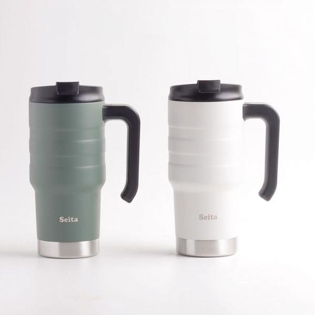 카키 보온보냉 손잡이텀블러 머그 스탠컵 차량용 밀폐 뚜껑 590ml 스텐텀블러