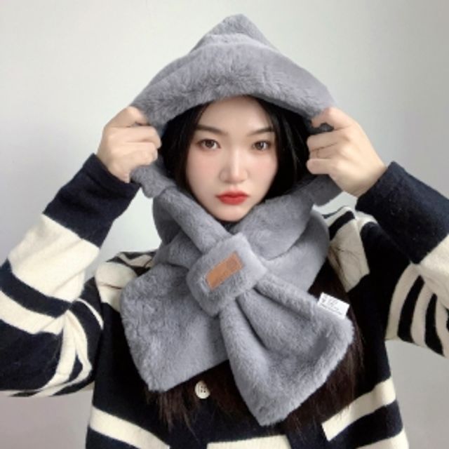 소프트 퍼 후드 머플러 - 방한 털모자 목도리 일체형