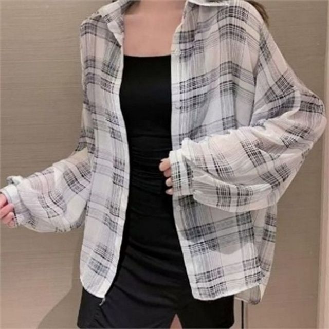 얇은 여성 체크 셔츠 오버사이즈 여성 루즈핏 셔츠 데일리 남방