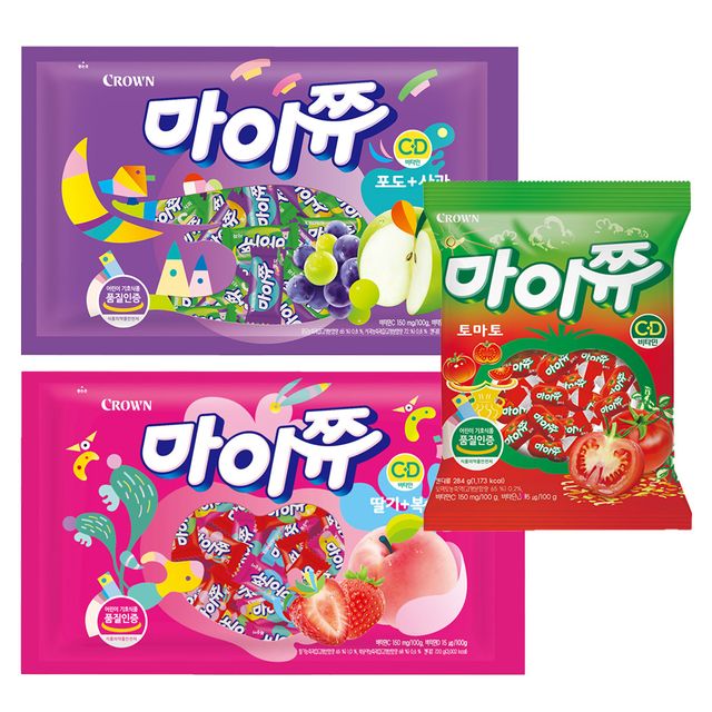 크라운 마이쮸 딸기복숭아 720g +포도사과 720g+토마토 284g 각1개 총3개