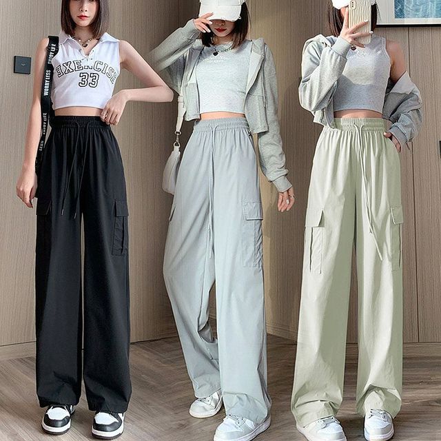 여성 일자핏 카고팬츠 밴딩 바지 포켓 3색