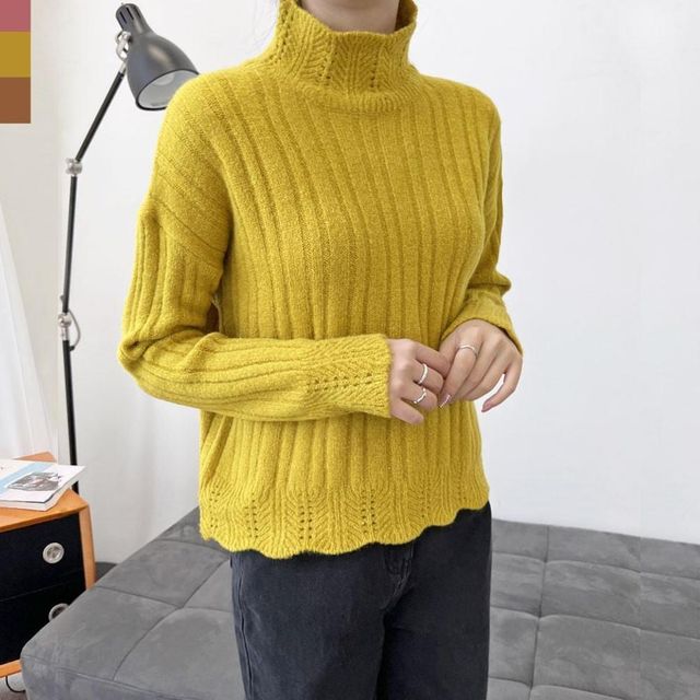 여성 물결 라인 목폴라 니트웨어 상의