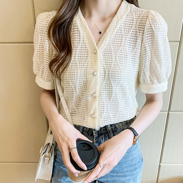 여자셔링반팔블라우스 깔끔한 패션 웨어