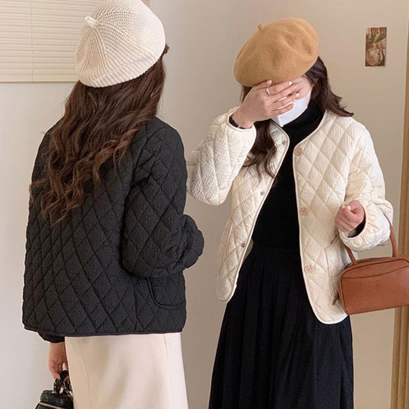 노카라 퀼팅 누빔 점퍼 똑딱이 단추 미니 기장 아우터