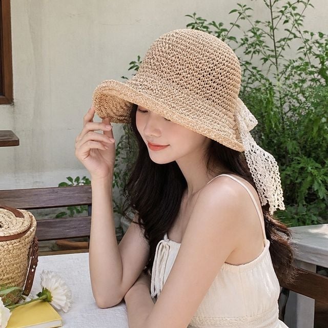 버킷햇 밀짚 벙거지모자 츄잉 레이스 리본 휴가 휴양지룩 바캉스룩
