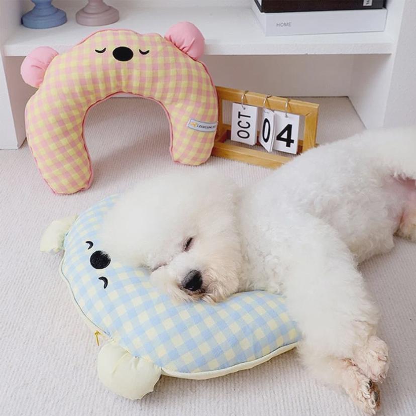 강아지 고양이 체크 목 쿠션 베개 - 세탁 가능 애견용품