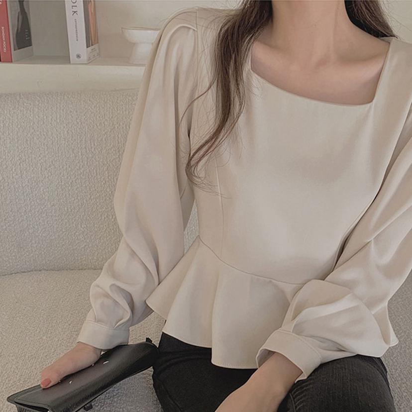 여성 스퀘어넥 레이스 블라우스 우아한 오피스룩