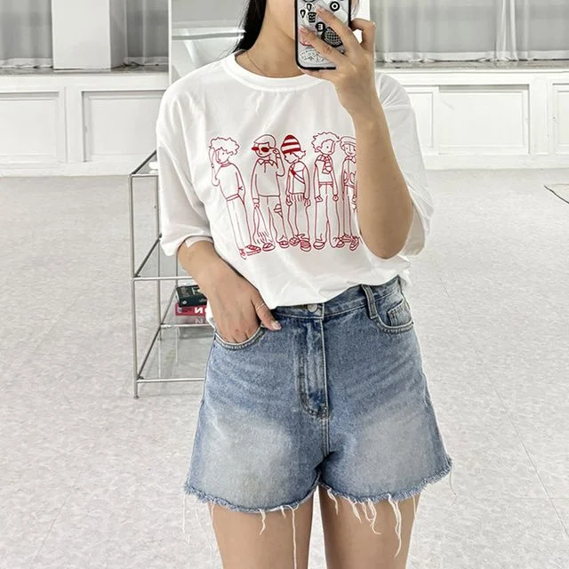 여성 반팔 티셔츠 귀여운 드로잉 라운드넥 나염 티