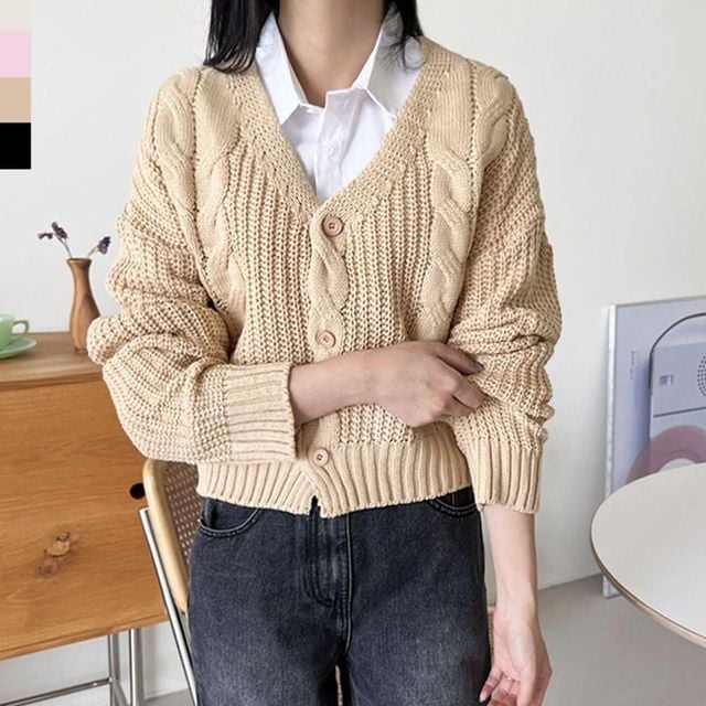 여성 브이 꽈배기 하찌 니트웨어 가디건 상의