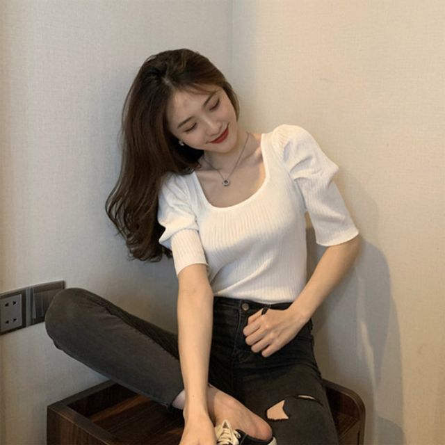 봄 여름 정장룩 퍼프소매 스퀘어넥 반팔니트 골지티