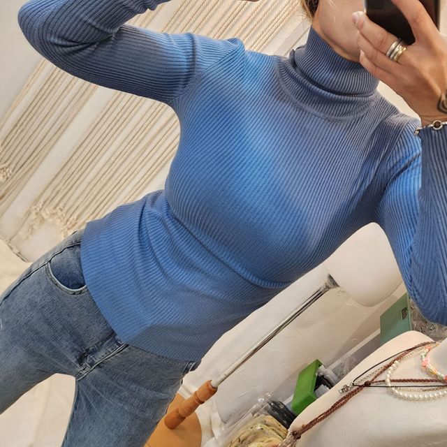 날씬 딥 블루 겨울 목폴라 티셔츠 슬림핏 보온 의류