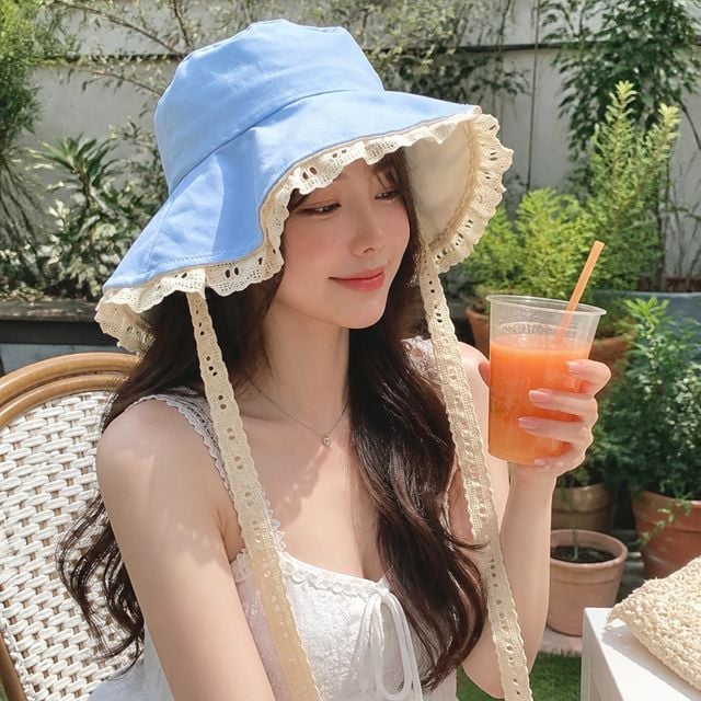 블루 여성 왕골 모자 여름 밀짚 벙거지 레이스 스트랩 선캡 나들이 휴가용 챙모자