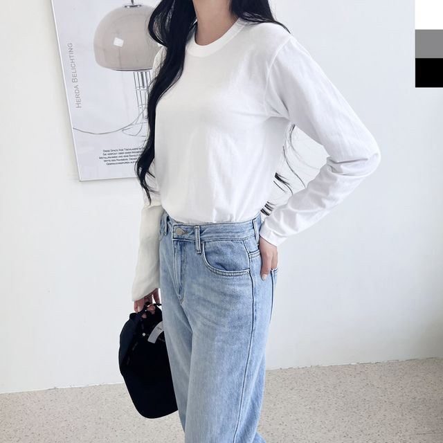 DGI1820-1 여자 기본 라운드 긴팔 면 티셔츠