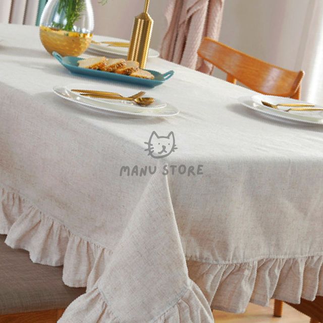 사각테이블보 면테이블보 프릴 린넨 식탁보 140x140cm 베이지