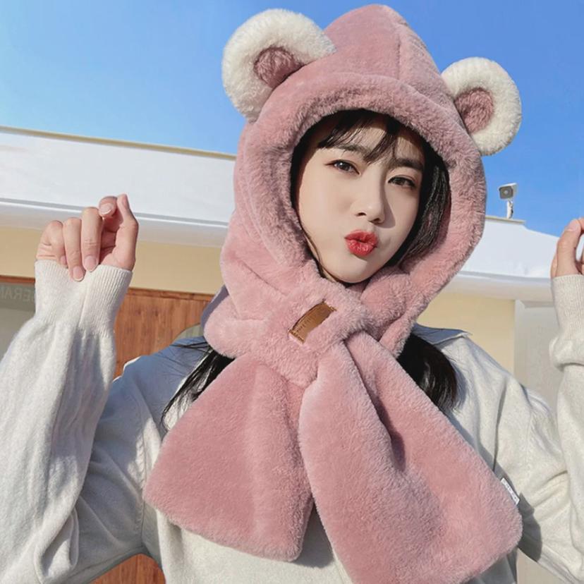 귀여운 곰돌이 털 목도리 모자 세트 겨울 넥워머