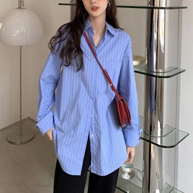 블루톤 오버핏 캐주얼 모던 단정한 심플 여성 셔츠
