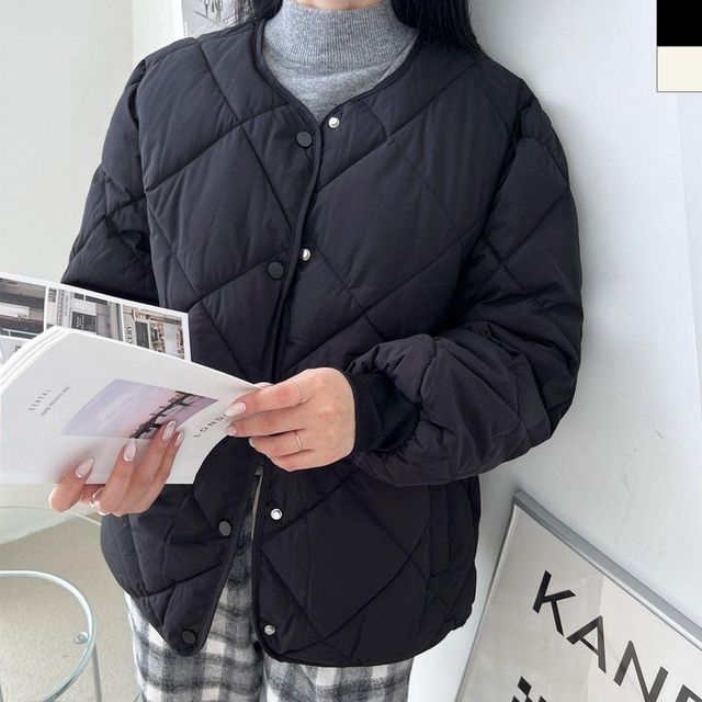 여성 노 카라넥 퀄팅 숏 누빔 패딩