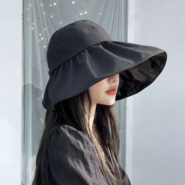 여자 사파리모자 벙거지, 이중 셔링 블랙 여름모자