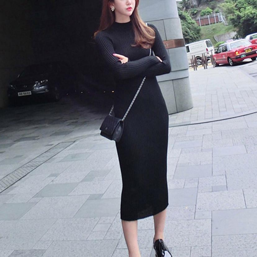 여성 슬림핏 골지 니트 롱 원피스 타이트한 패션