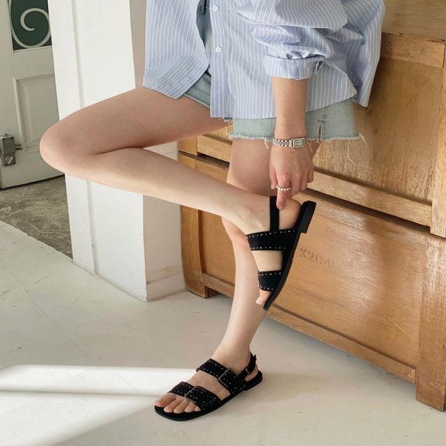 여성 여름 캐주얼 스웨이드 버클 스트랩 플랫 샌들