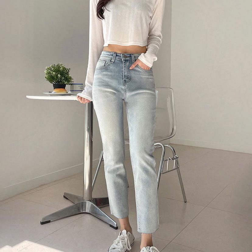 여성 스판 일자 연청 청바지 사계절 데님 팬츠