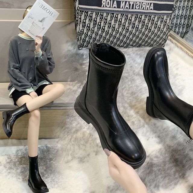 여성 털 안감 지퍼 장식 슬림라인 앵클 미들 부츠