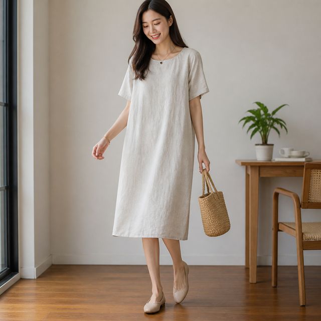 면혼방 퍼프 반팔 롱원피스 무지 루즈핏 여름 여성 데일리룩 치마