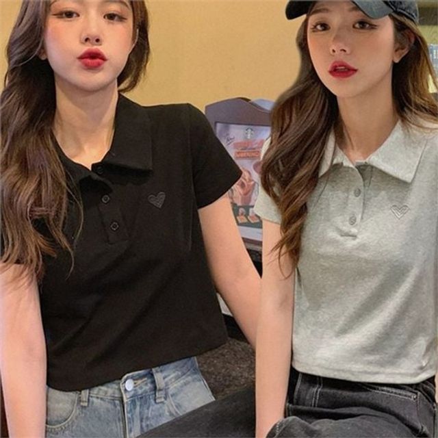 슬림핏 여성 크롭 카라 티 데일리 여성 반팔 티셔츠 베이직