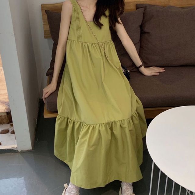 캉캉 롱원피스 주름 스퀘어넥 민소매 밴딩 편한옷 여성 원피스