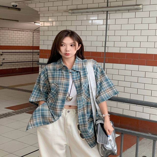 여성 데일리 박시핏 네모체크 여름 반팔셔츠 체크남방