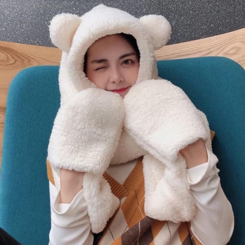 곰돌이 모자 목도리 장갑 세트 - 남녀공용 귀달이 방한모