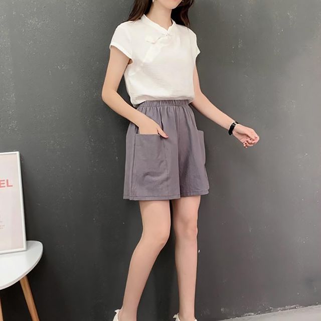 편한 여자 5부 밴딩 린넨 반바지 학생 집앞 패션 코디
