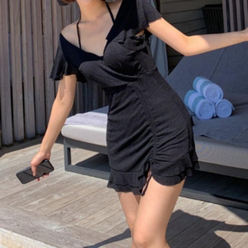 홀터넥 셔링 원피스 수영복 블랙 체형 커버 빅사이즈