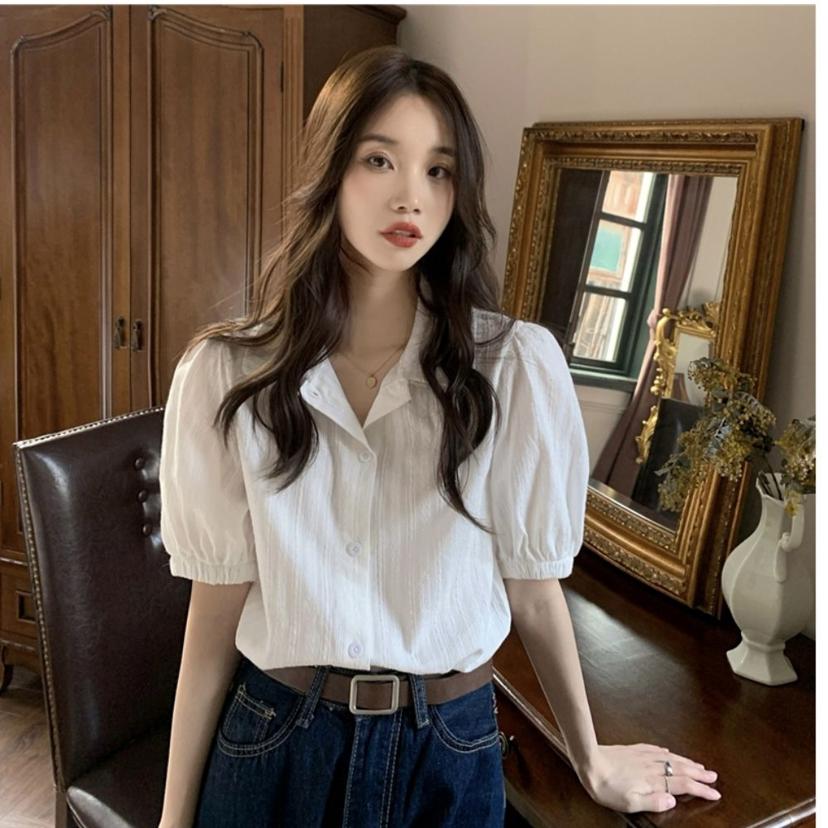 여성 화이트 여름 카라 퍼프 소매 블라우스 셔츠