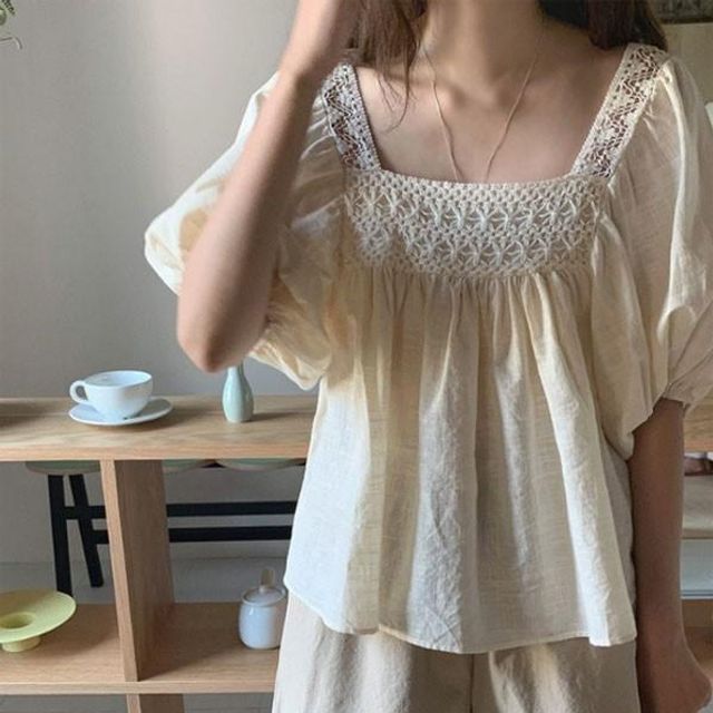 메이비 티셔츠 상의 블라우스 여름 여성 퍼프 셔츠 반팔