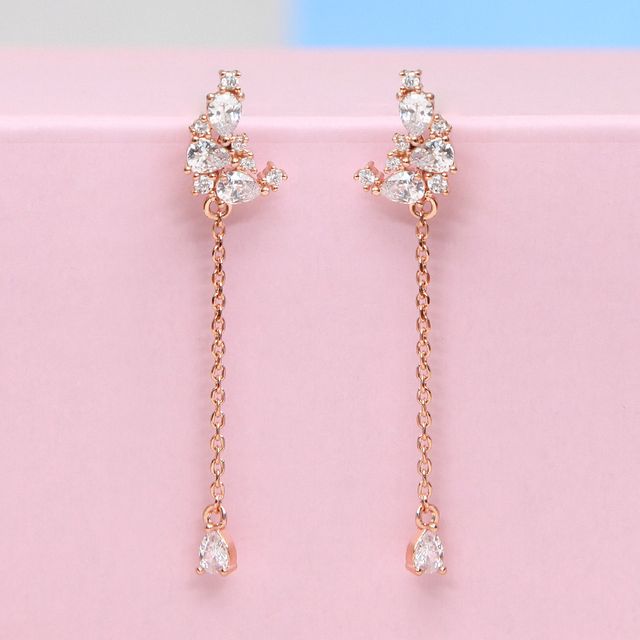 14K 금침 체인 드롭 큐빅 초승달 로즈골드 피어싱 - 여성스러운 반짝임