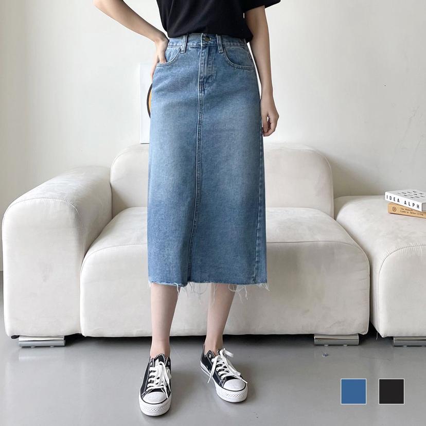뒷밴딩 컷팅 미디 청치마 SD-230454 여성 데님 스커트