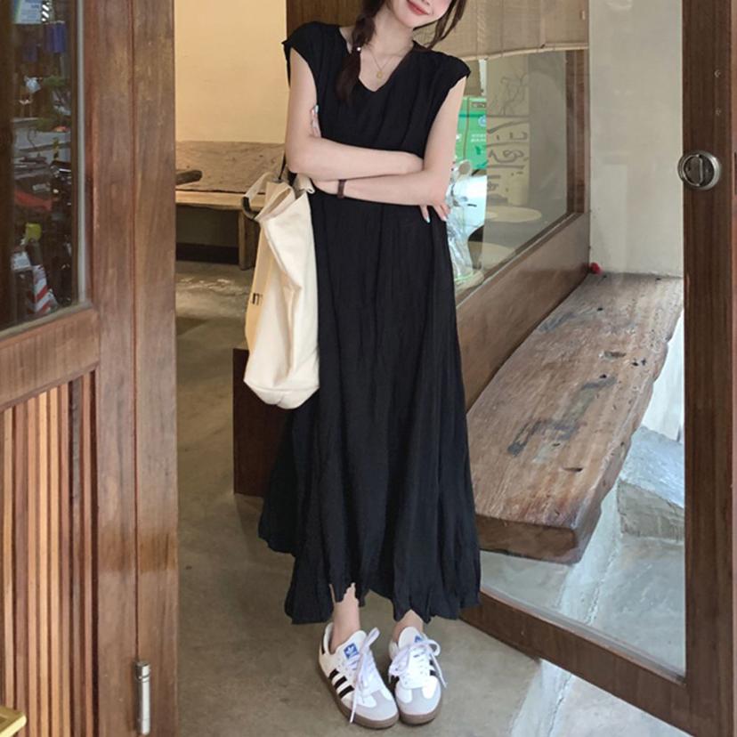 링클 루즈핏 밑단 언발 민소매 롱 원피스 여름용