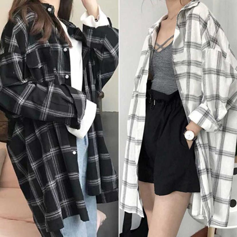 여성 롱 체크 셔츠 남방 대학생 캠퍼스룩 코디