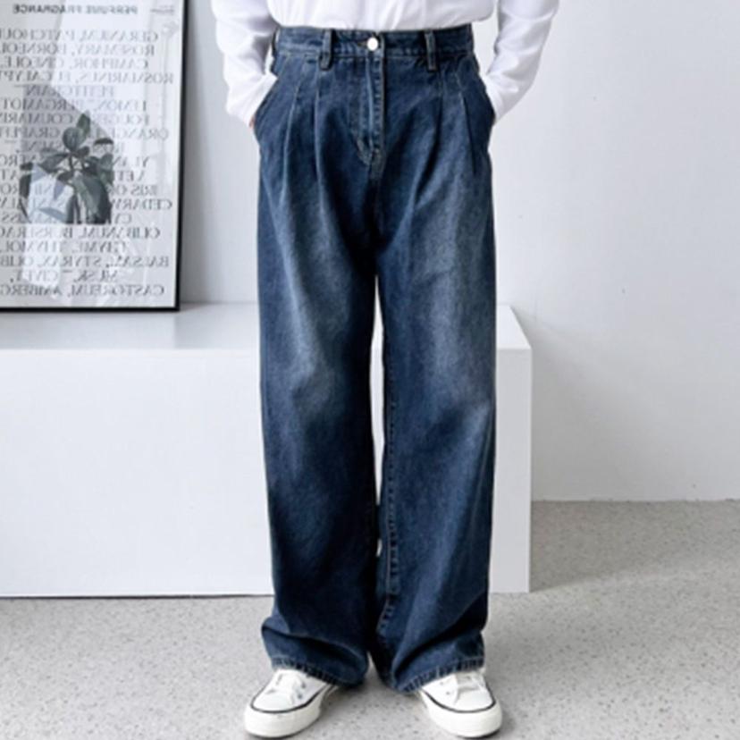 남성용 중청 와이드 팬츠 투턱 데일리 데님 바지