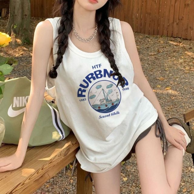 여성 오버핏 포인트 민소매 롱티셔츠 캐주얼 나시티