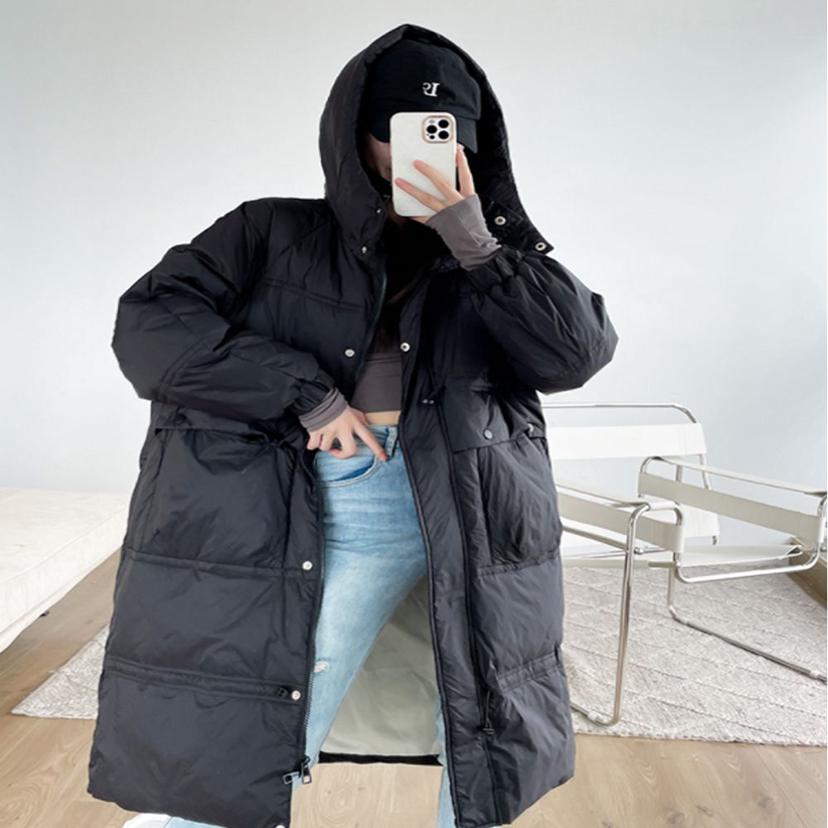 여성 블랙 덕다운 롱패딩 - 허리 스트링 데일리 패딩