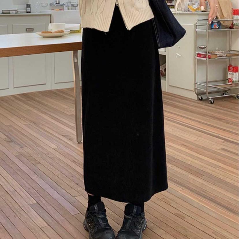 여자 블랙 롱 스커트 H라인 허리 밴딩 데일리 출근룩